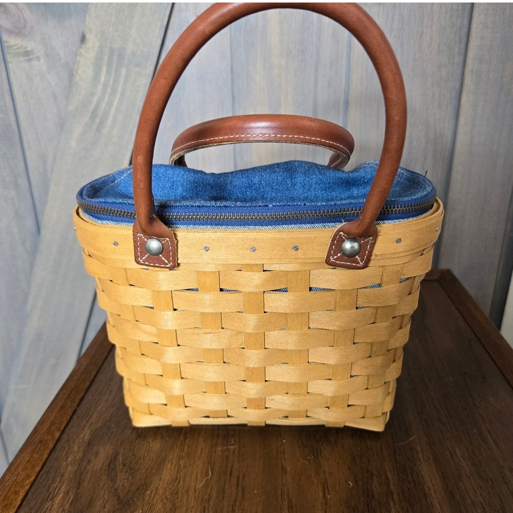 Longaberger Basket Purse Womens 2005 Denim Liner Plastic Insert Leather Woven